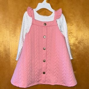 Just Lizzy pink overall dress with white/gold polka dot onesie size 24 months